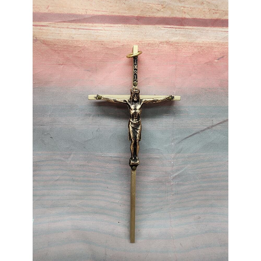 Vintage INRI Religious Wall Hanging Cross Crucifix Brass Metal 5.75"